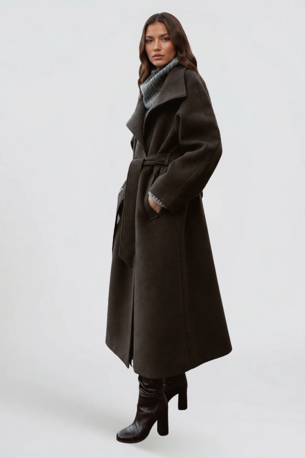 Manteau Adriana marron porté de profil